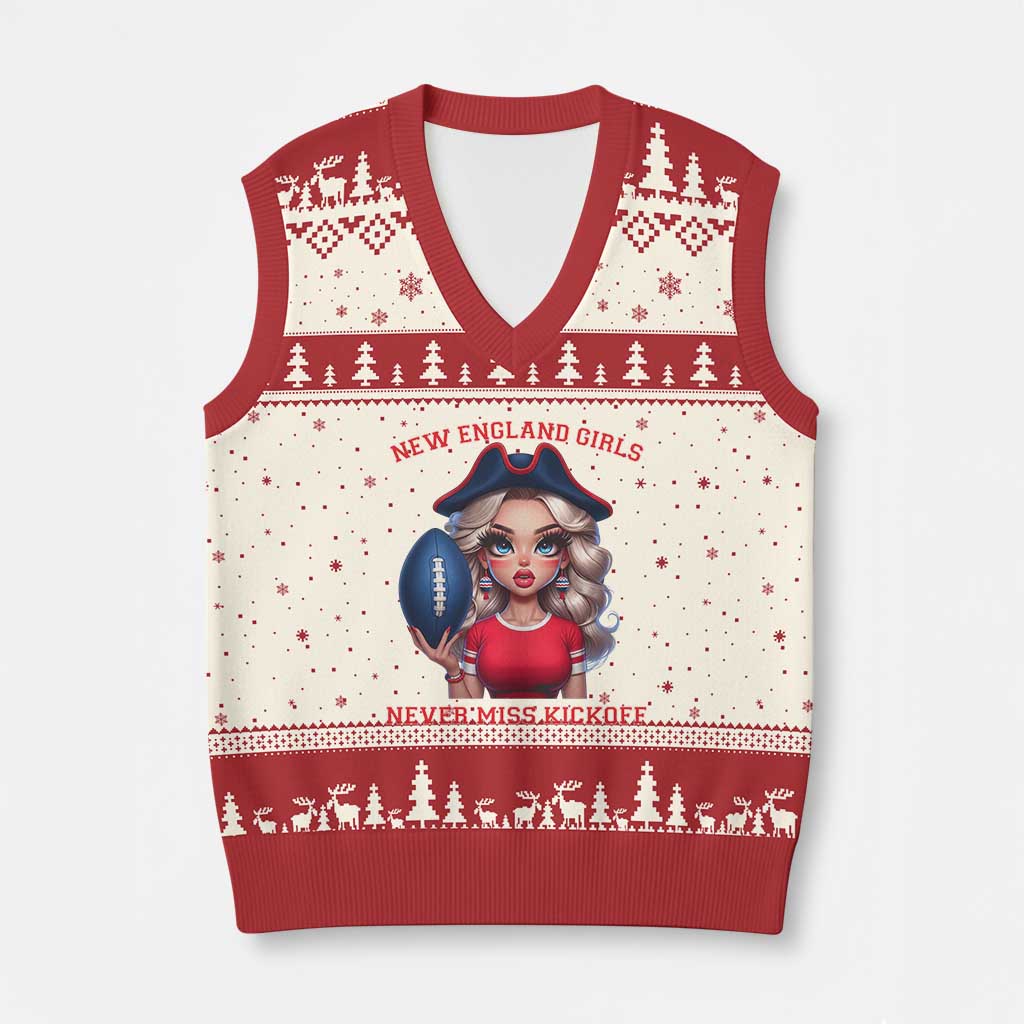 Funny East Coast Football Girl Fan V-Neck Knit Sweater Vest NE Girls Never Miss Kickoff TS12 Beige Red Print Your Wear