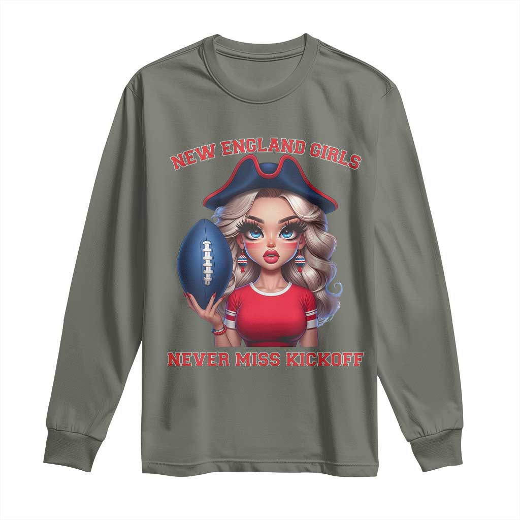 Funny East Coast Football Girl Fan Long Sleeve Shirt NE Girls Never Miss Kickoff TS12 Military Green Print Your Wear