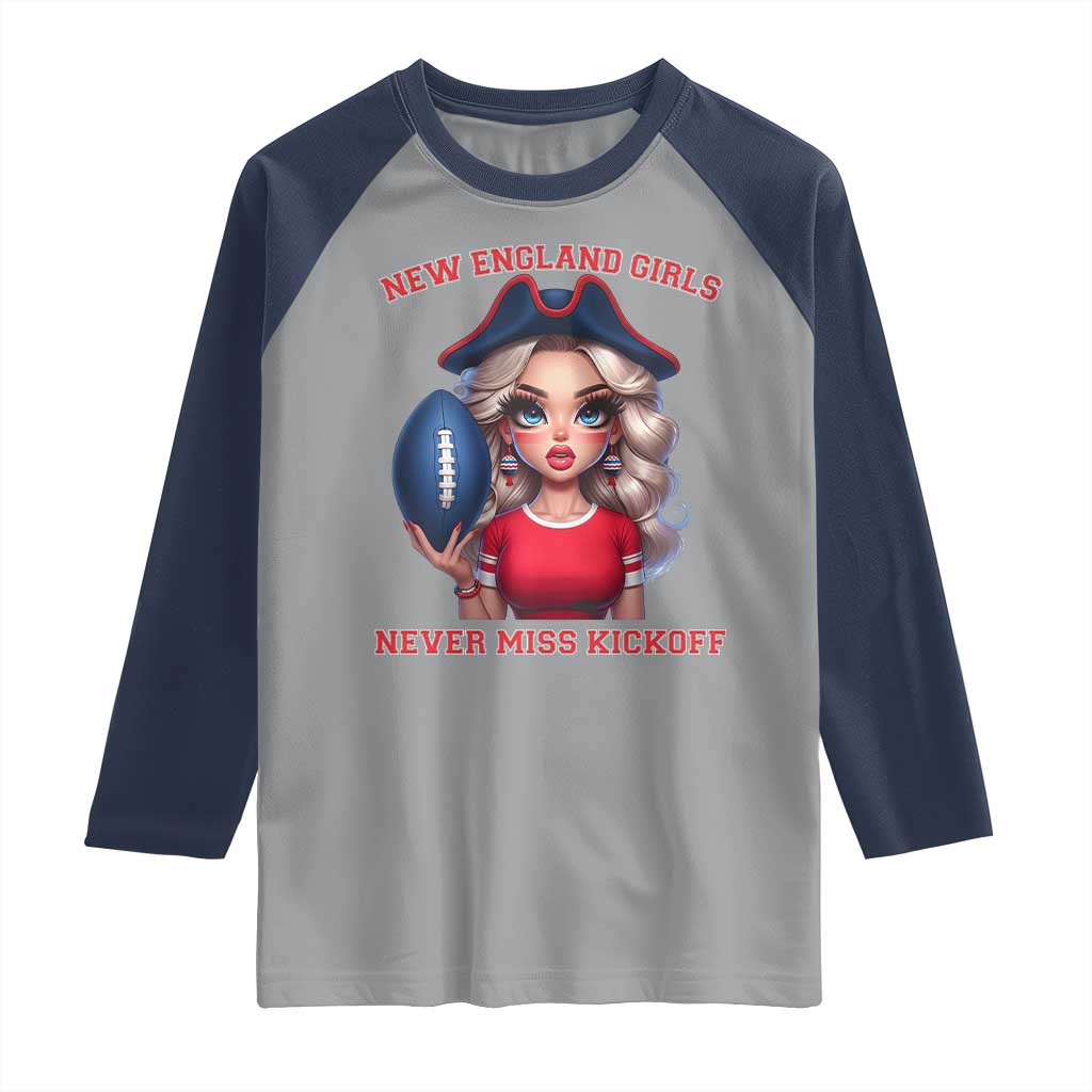 Funny East Coast Football Girl Fan Raglan Shirt NE Girls Never Miss Kickoff TS12 Sport Gray Navy Print Your Wear