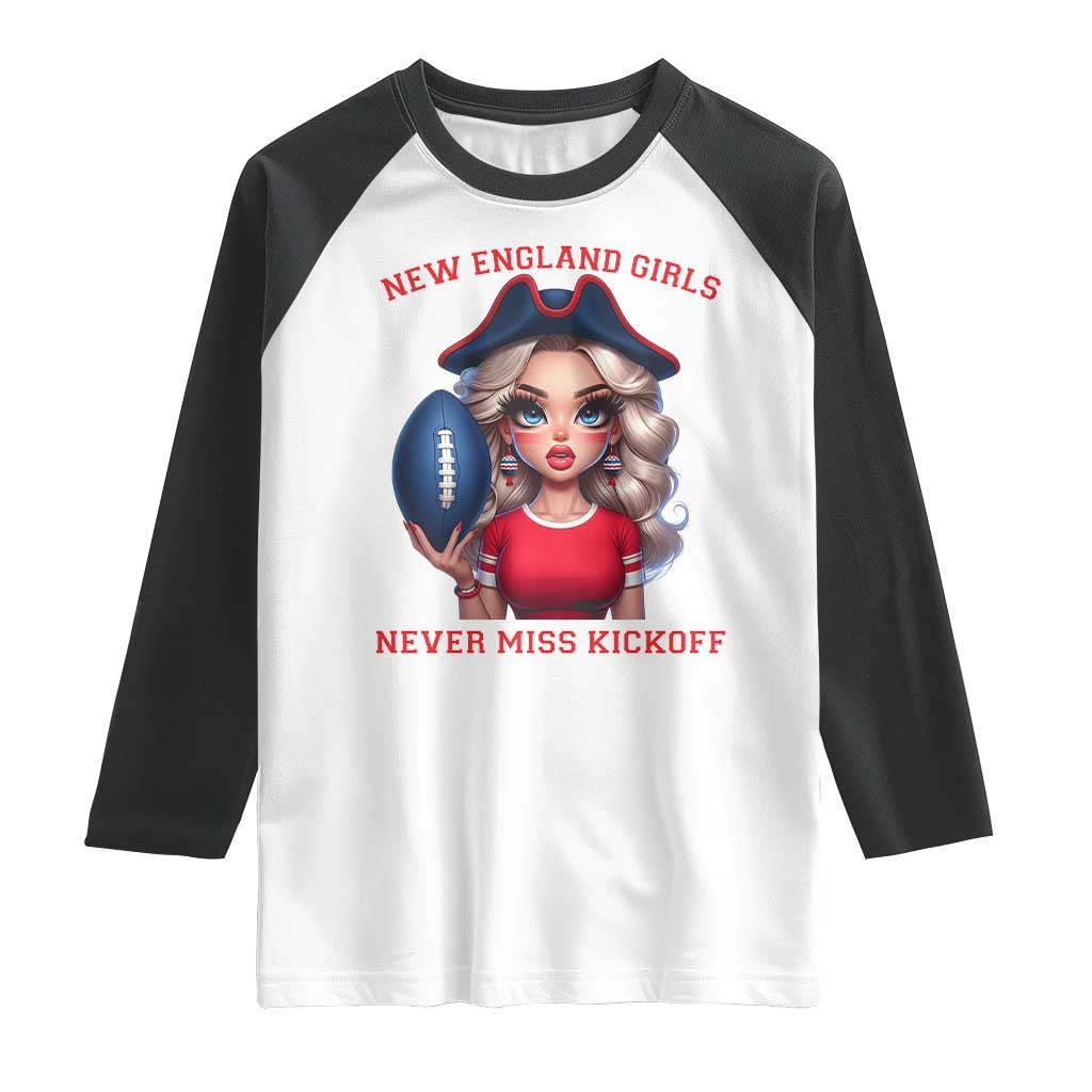 Funny East Coast Football Girl Fan Raglan Shirt NE Girls Never Miss Kickoff TS12 White Black Print Your Wear