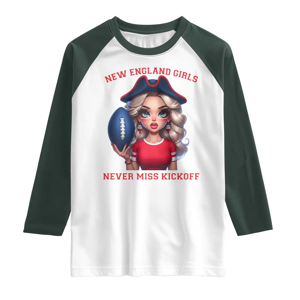 Funny East Coast Football Girl Fan Raglan Shirt NE Girls Never Miss Kickoff TS12 White Dark Forest Green Print Your Wear