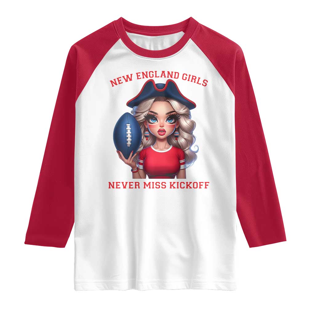 Funny East Coast Football Girl Fan Raglan Shirt NE Girls Never Miss Kickoff TS12 White Red Print Your Wear