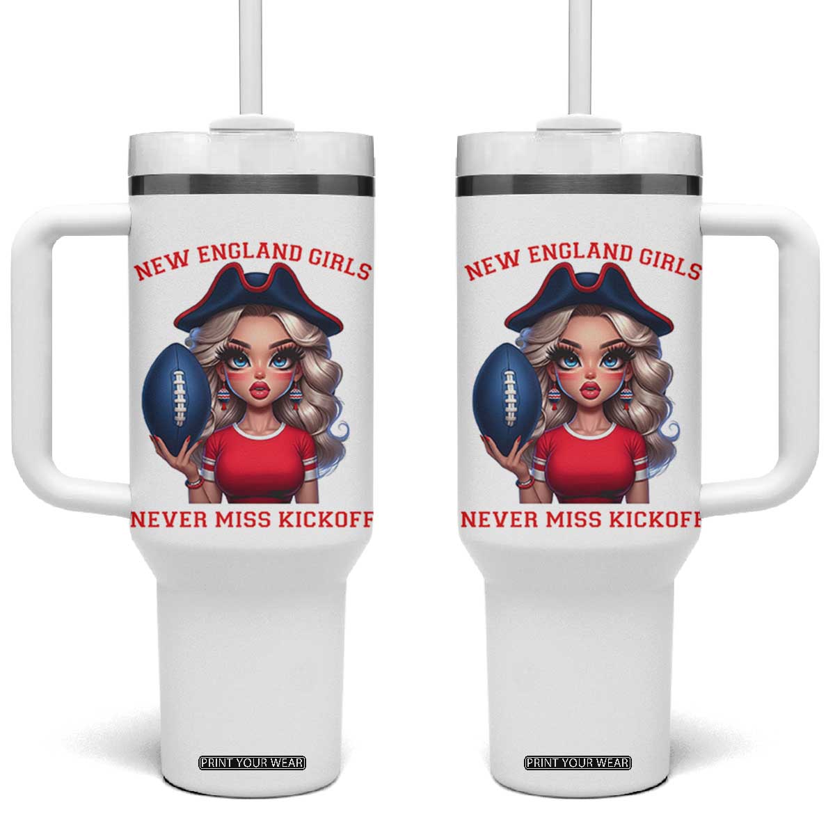 Funny East Coast Football Girl Fan Tumbler With Handle NE Girls Never Miss Kickoff TS12 One Size: 40 oz White Print Your Wear