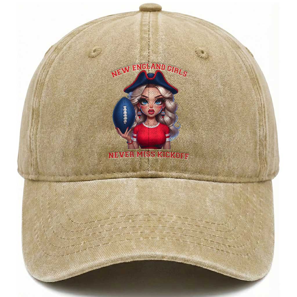 Funny East Coast Football Girl Fan Washed Cotton Baseball Cap NE Girls Never Miss Kickoff TS12 Print Your Wear