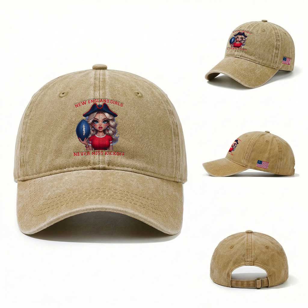 Funny East Coast Football Girl Fan Washed Cotton Baseball Cap NE Girls Never Miss Kickoff TS12 Washed Cap Universal Fit Khaki Print Your Wear