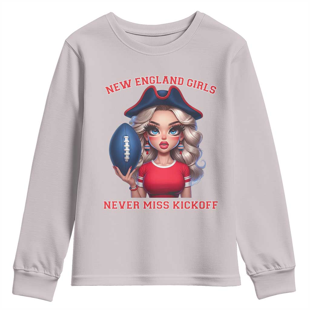 Funny East Coast Football Girl Fan Youth Sweatshirt NE Girls Never Miss Kickoff TS12 Ice Gray Print Your Wear