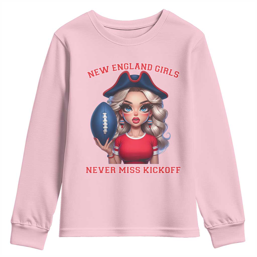 Funny East Coast Football Girl Fan Youth Sweatshirt NE Girls Never Miss Kickoff TS12 Light Pink Print Your Wear