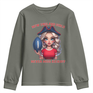 Funny East Coast Football Girl Fan Youth Sweatshirt NE Girls Never Miss Kickoff TS12 Military Green Print Your Wear