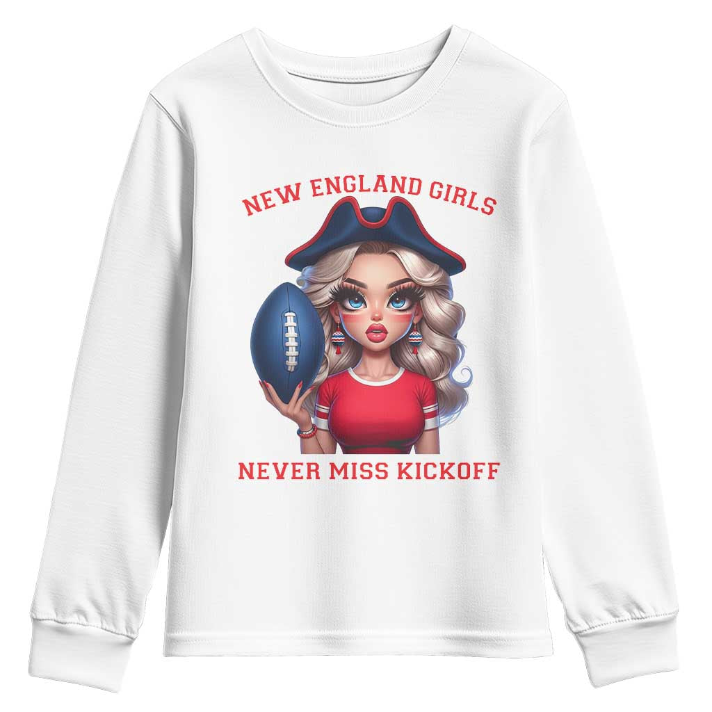 Funny East Coast Football Girl Fan Youth Sweatshirt NE Girls Never Miss Kickoff TS12 White Print Your Wear