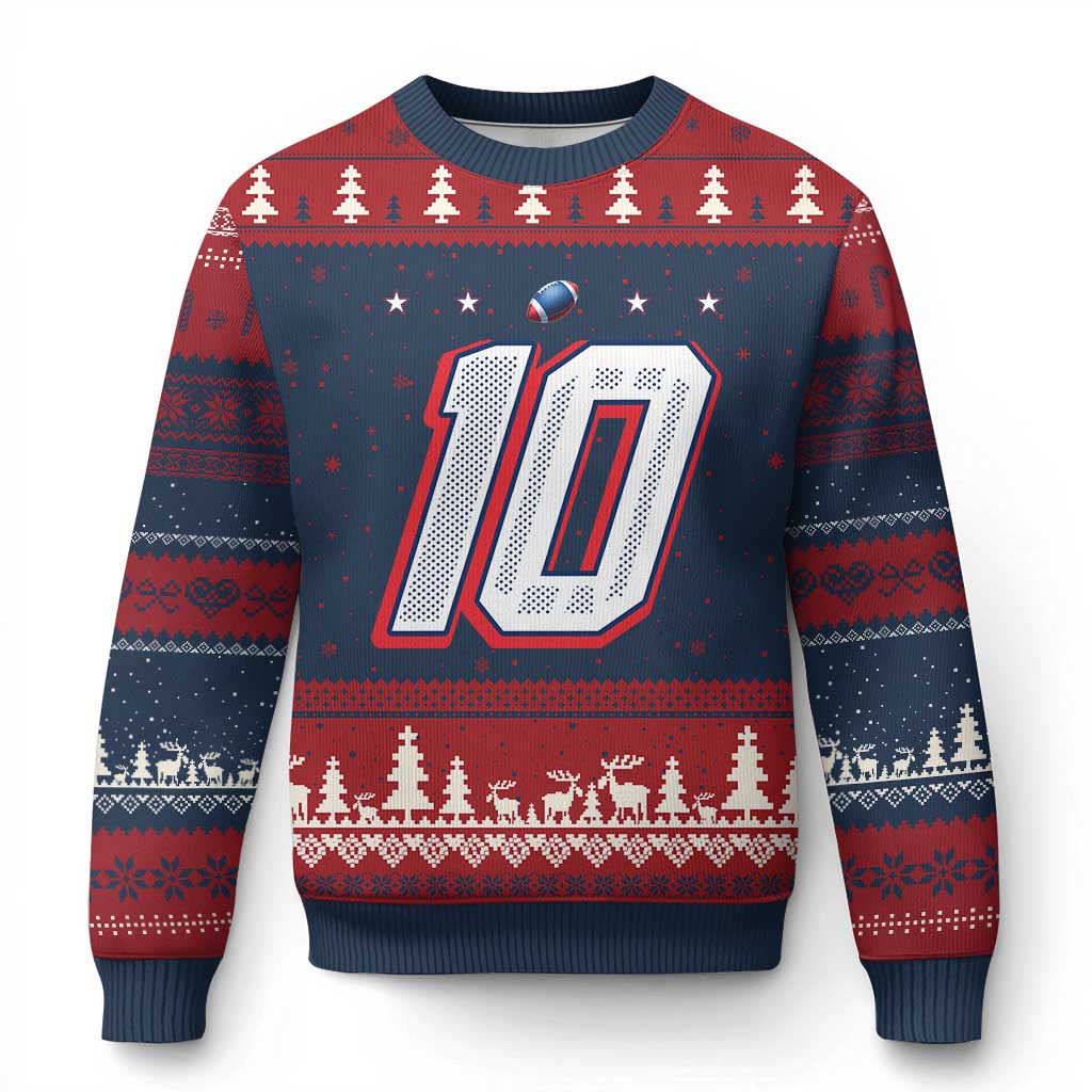 Football Quarterback Number 10 Ugly Christmas Sweater Sport Lover Gift For NEF TS12 Navy Red Print Your Wear