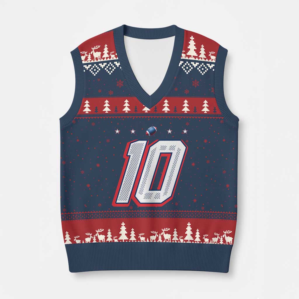 Football Quarterback Number 10 V-Neck Knit Sweater Vest Sport Lover Gift For NEF TS12 Navy Red Print Your Wear