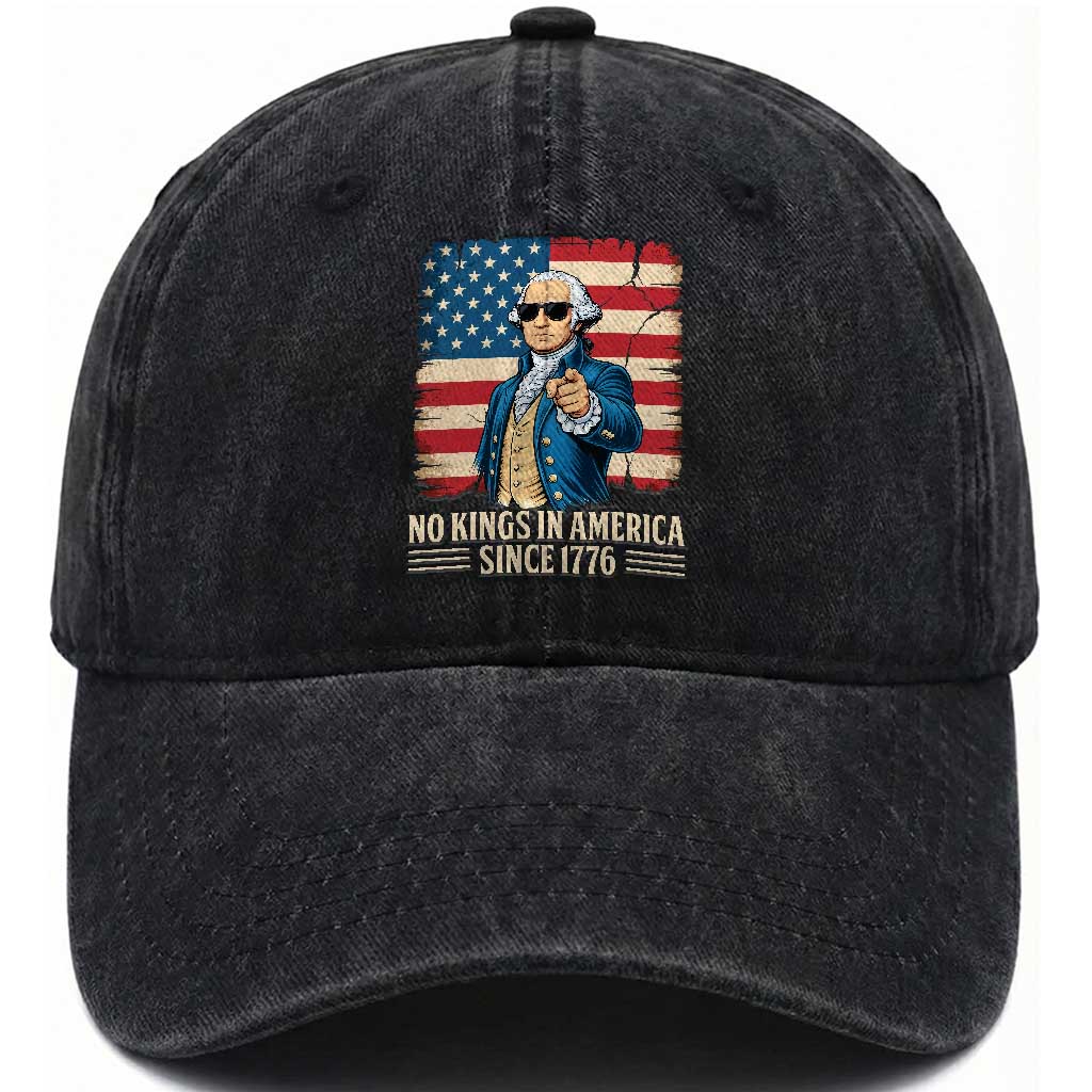 Patriotic George Washington Washed Cotton Baseball Cap No Kings In America TS12 Washed Cap Universal Fit Black Print Your Wear