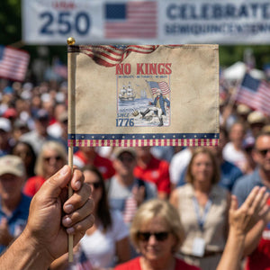 No Kings Since 1776 George Washington Patriotic Handheld Flag Political Humor Gift TS12 Vintage 8.2" × 5.5" Rustic Tan Navy Print Your Wear