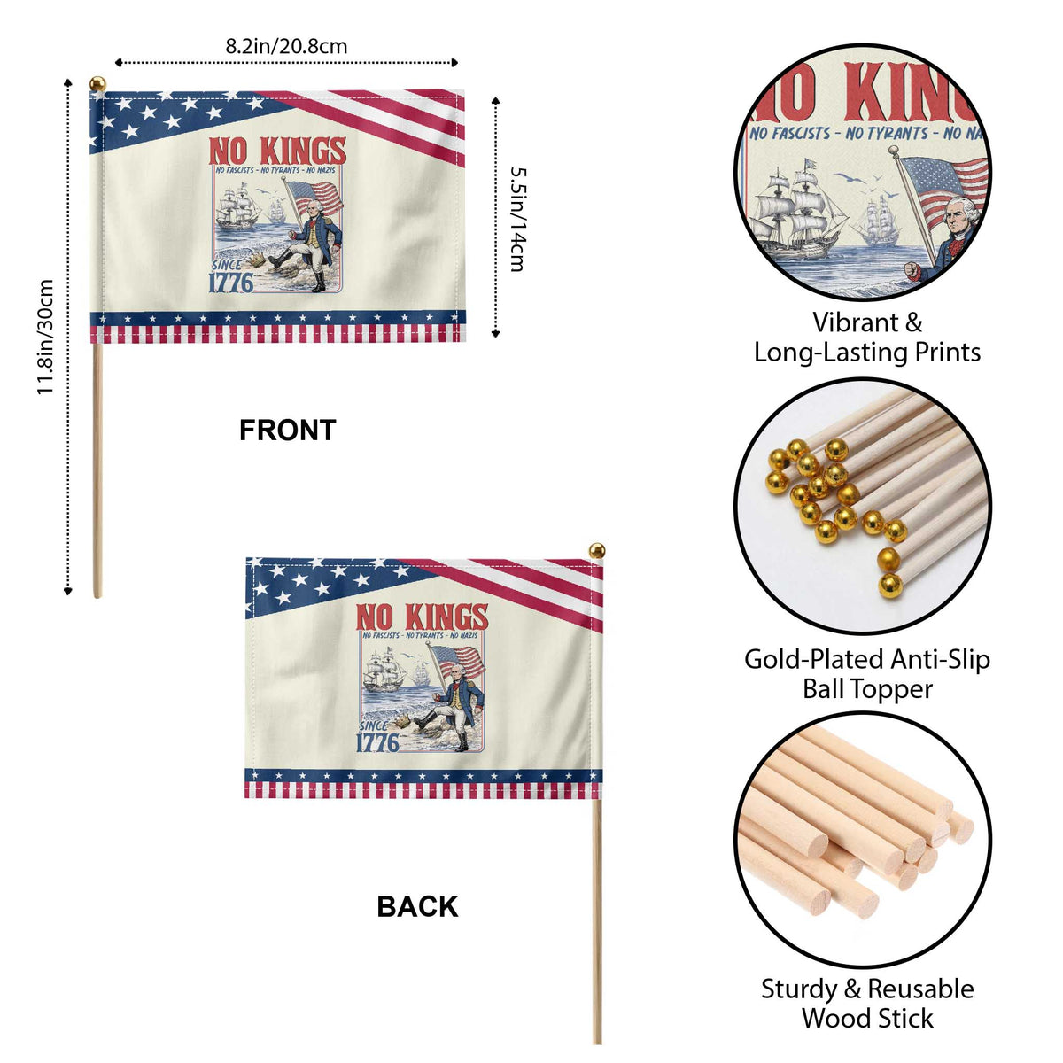 No Kings Since 1776 George Washington Patriotic Handheld Flag Political Humor Gift TS12 Print Your Wear