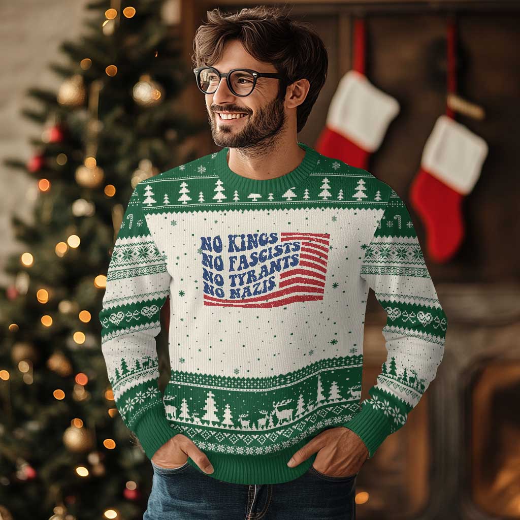 No Kings No Fascists Ugly Christmas Sweater American Flag Patriotic Protest TS12 Beige Green Print Your Wear