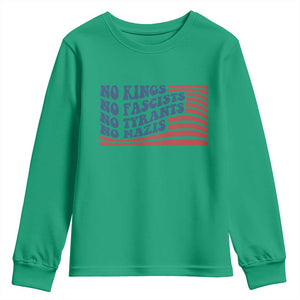 No Kings No Fascists Youth Sweatshirt American Flag Patriotic Protest TS12 Irish Green Print Your Wear