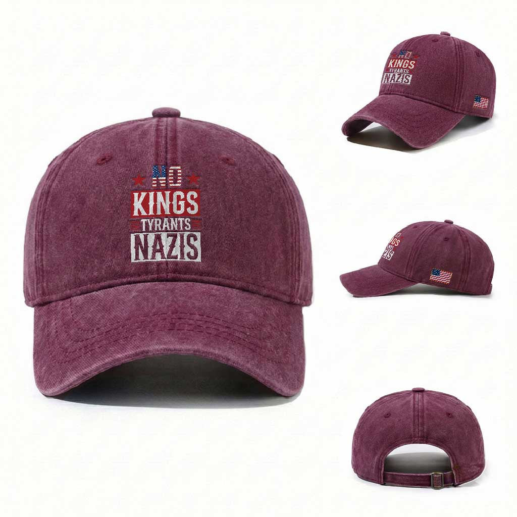 American Democracy Washed Cotton Baseball Cap No Kings No Tyrants No Nazis TS12 Washed Cap Universal Fit Burgundy Print Your Wear