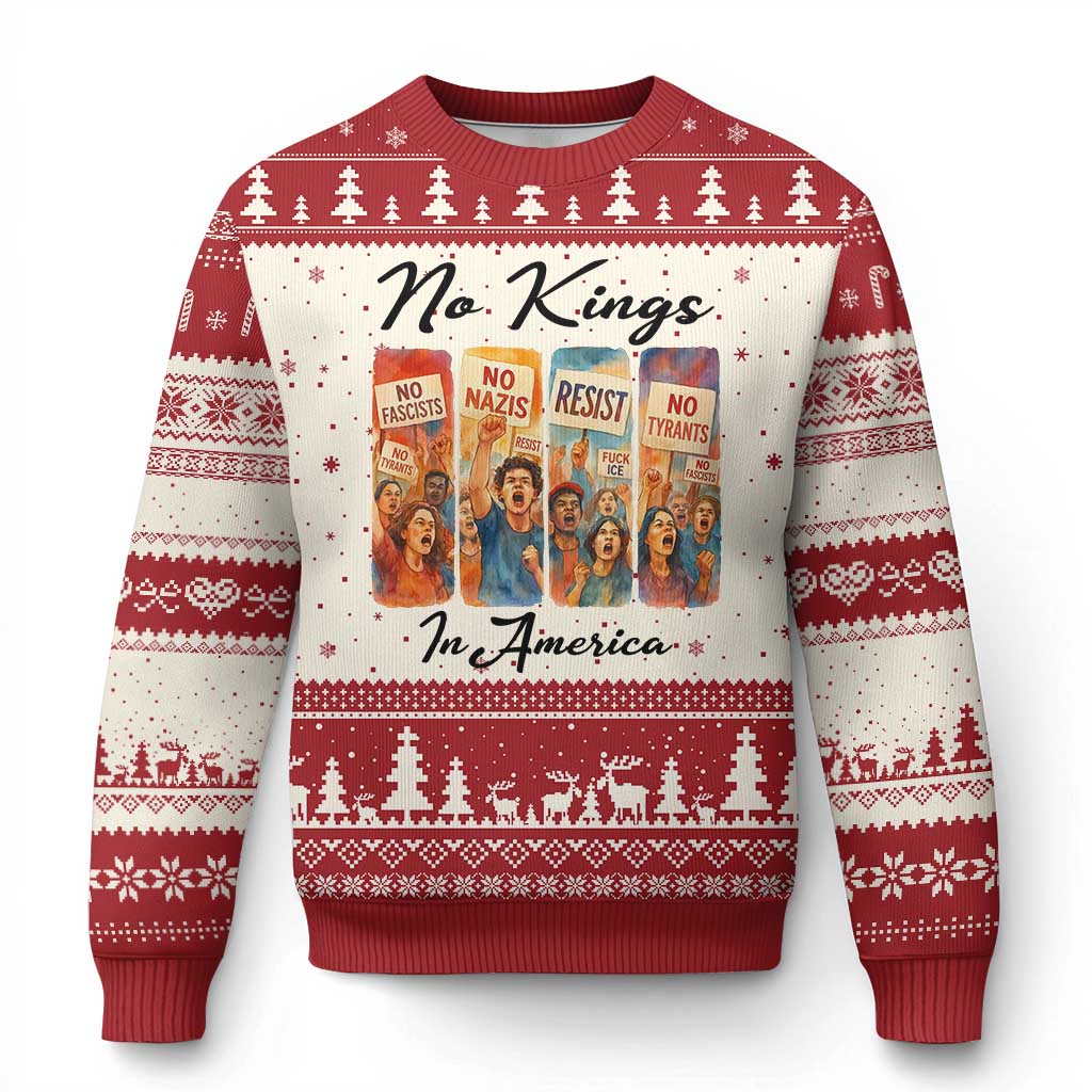 No Kings In America Ugly Christmas Sweater American Anti Authoritarian Protest TS12 Beige Red Print Your Wear