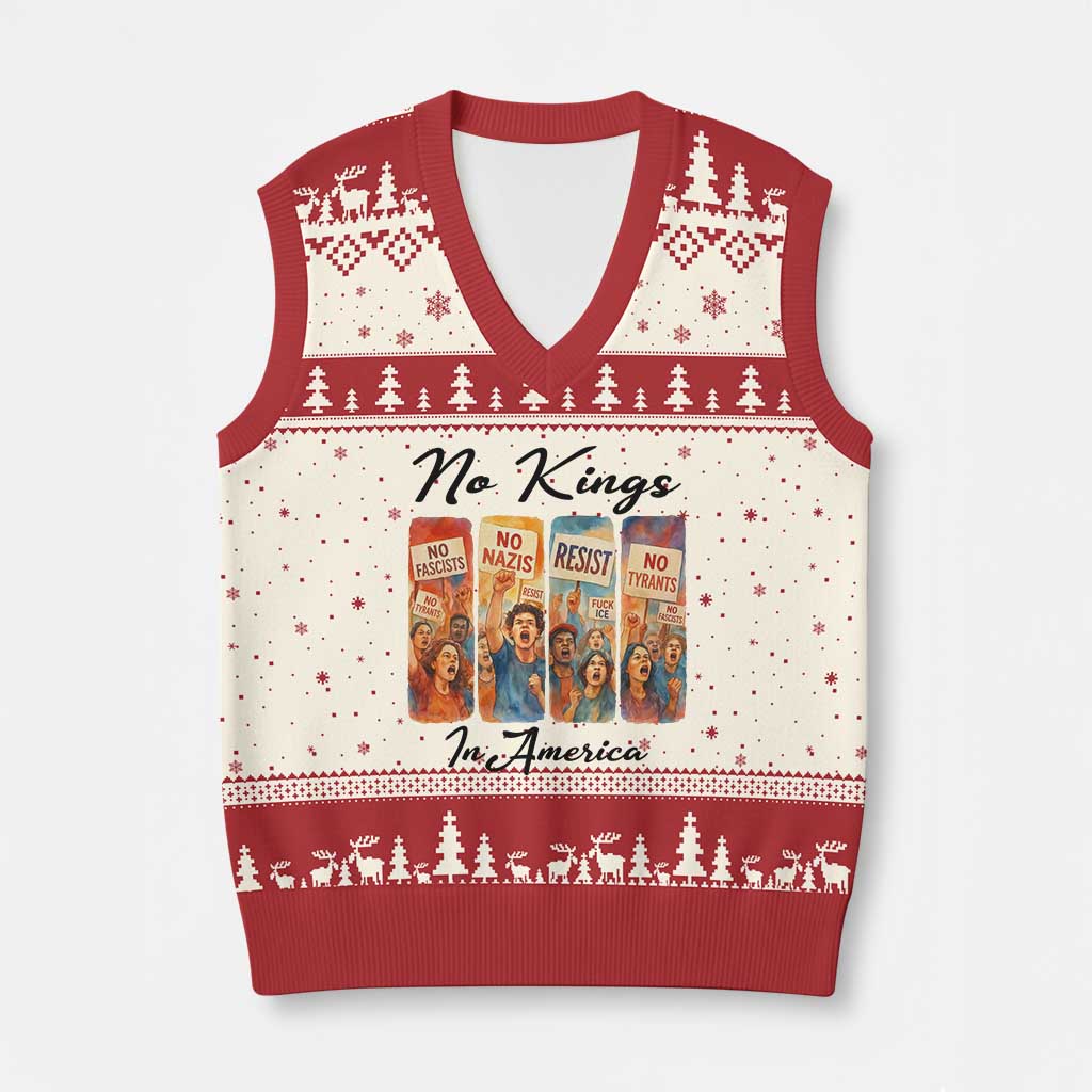 No Kings In America V-Neck Knit Sweater Vest American Anti Authoritarian Protest TS12 Beige Red Print Your Wear