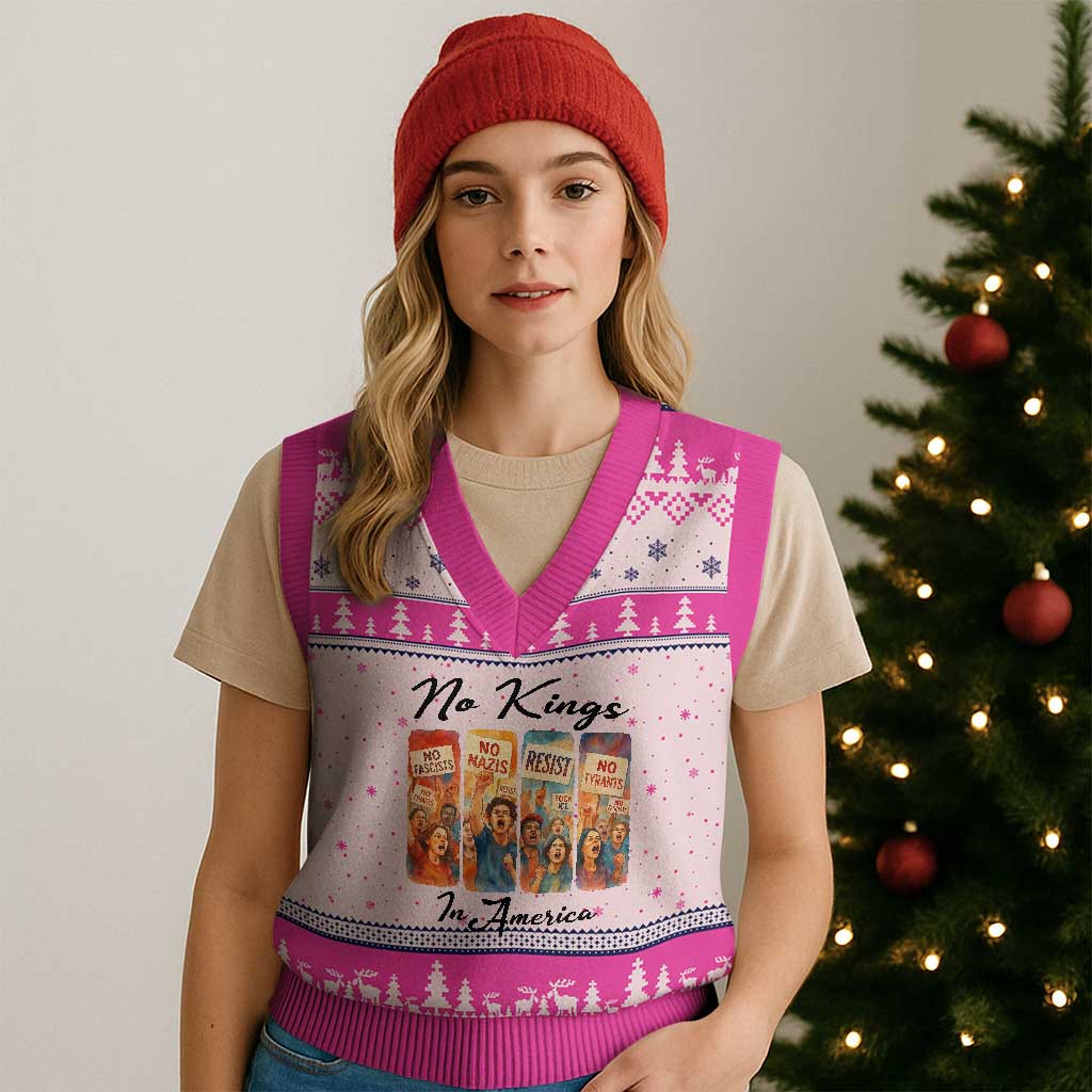 No Kings In America V-Neck Knit Sweater Vest American Anti Authoritarian Protest TS12 Hot Pink Print Your Wear