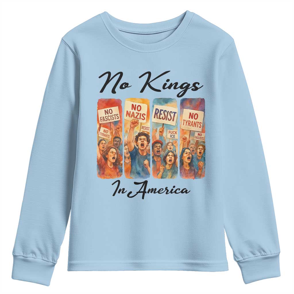 No Kings In America Youth Sweatshirt American Anti Authoritarian Protest TS12 Light Blue Print Your Wear