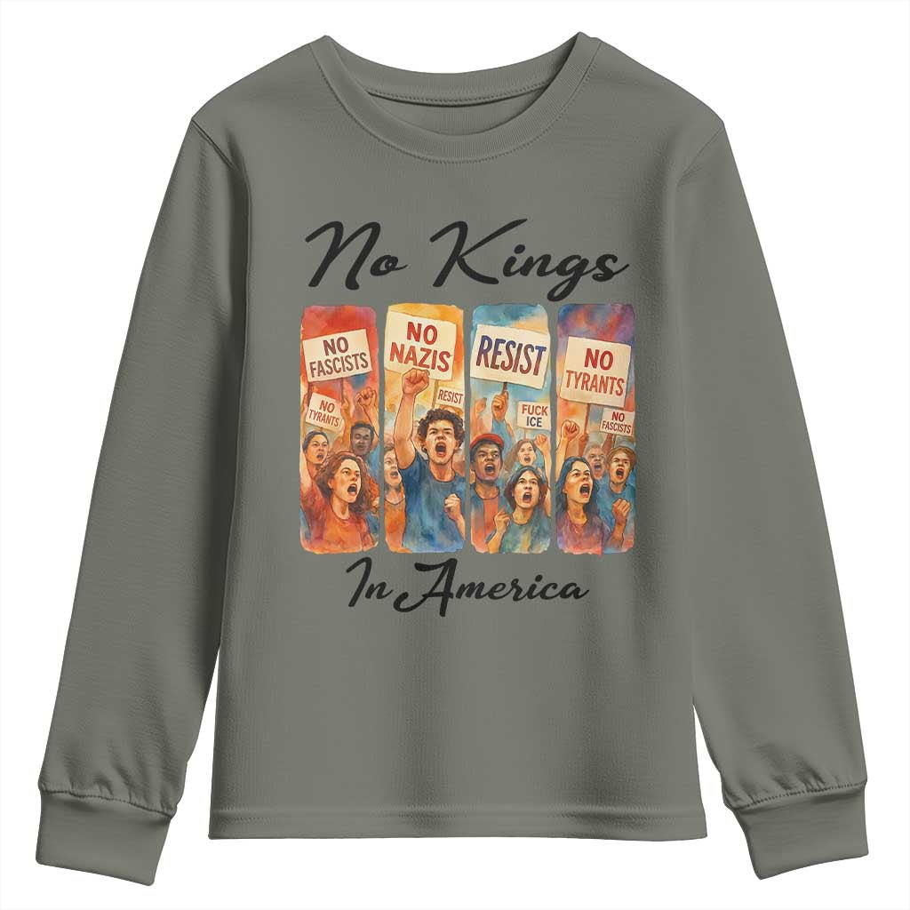 No Kings In America Youth Sweatshirt American Anti Authoritarian Protest TS12 Military Green Print Your Wear