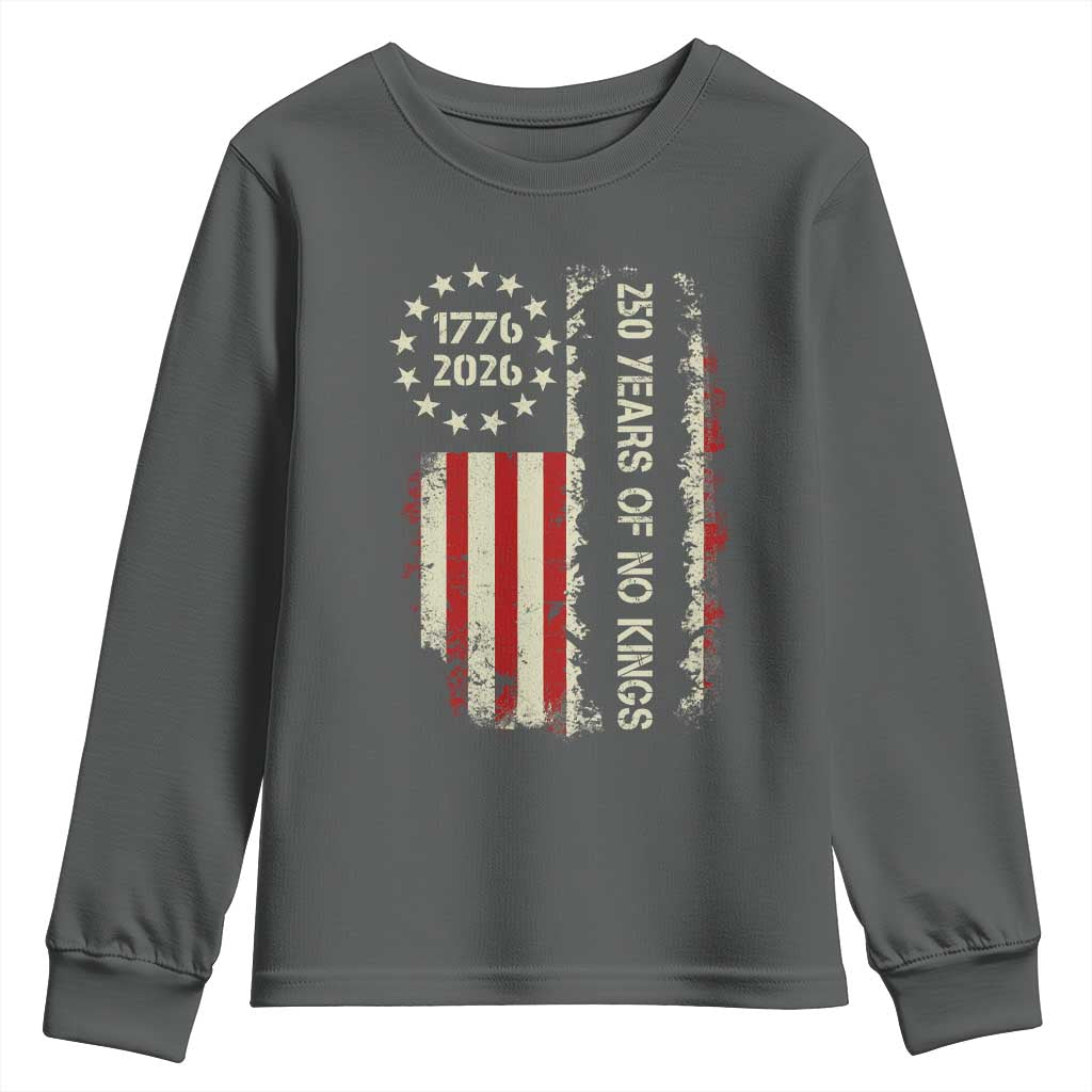 250 Years Of No Kings Youth Sweatshirt Vintage American Flag TS12 Dark Heather Print Your Wear