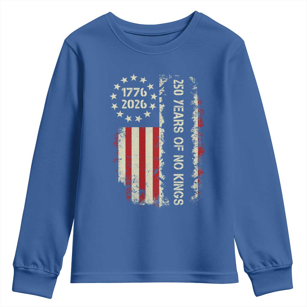 250 Years Of No Kings Youth Sweatshirt Vintage American Flag TS12 Royal Blue Print Your Wear