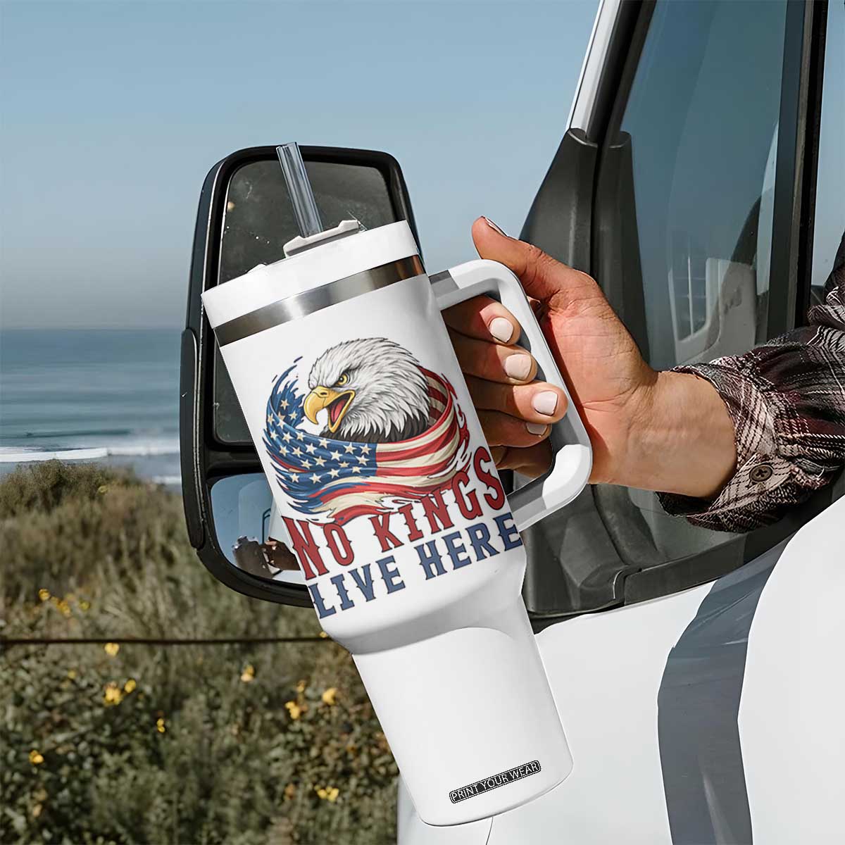 No Kings Live Here Tumbler With Handle Patriotic American Eagle TS12 Print Your Wear