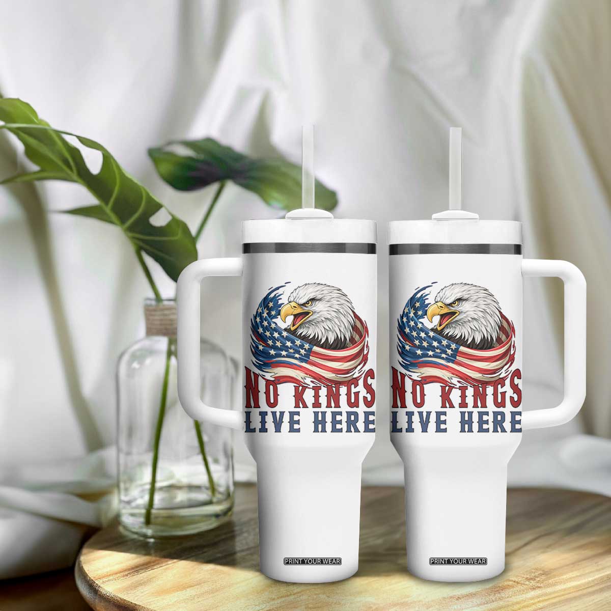 No Kings Live Here Tumbler With Handle Patriotic American Eagle TS12 Print Your Wear
