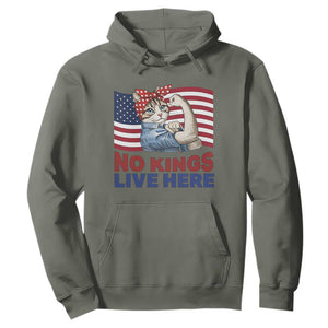 No Kings Live Here Hoodie Funny Rosie The Riveter Cat Feminist Gift TS12 Military Green Print Your Wear