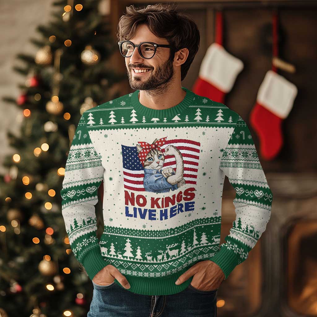 No Kings Live Here Ugly Christmas Sweater Funny Rosie The Riveter Cat Feminist Gift