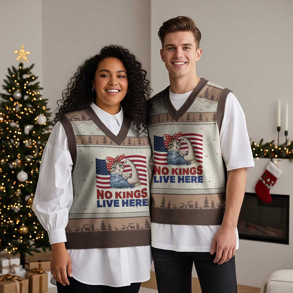 No Kings Live Here V-Neck Knit Sweater Vest Funny Rosie The Riveter Cat Feminist Gift TS12 Mocha Mousse Print Your Wear