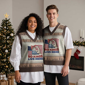 No Kings Live Here V-Neck Knit Sweater Vest Funny Rosie The Riveter Cat Feminist Gift TS12 Mocha Mousse Print Your Wear