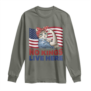 No Kings Live Here Long Sleeve Shirt Funny Rosie The Riveter Cat Feminist Gift TS12 Military Green Print Your Wear