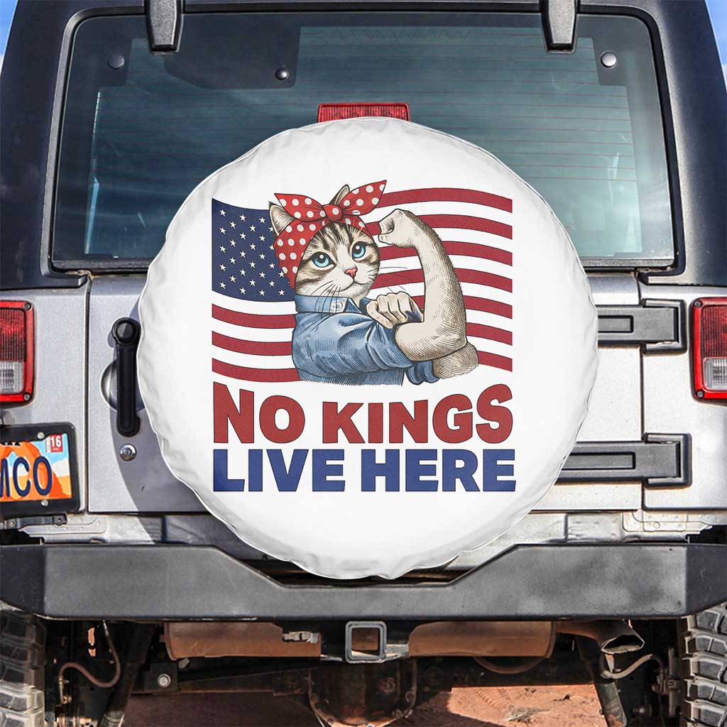 No Kings Live Here Spare Tire Cover Funny Rosie The Riveter Cat Feminist Gift TS12 No hole White Print Your Wear
