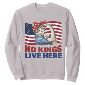No Kings Live Here Sweatshirt Funny Rosie The Riveter Cat Feminist Gift TS12 Ice Gray Print Your Wear