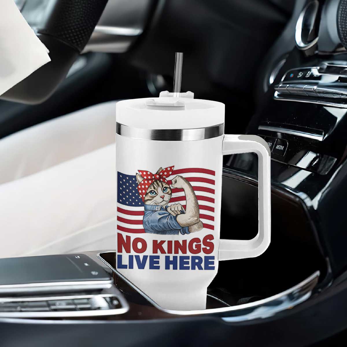 No Kings Live Here Tumbler With Handle Funny Rosie The Riveter Cat Feminist Gift TS12 Print Your Wear