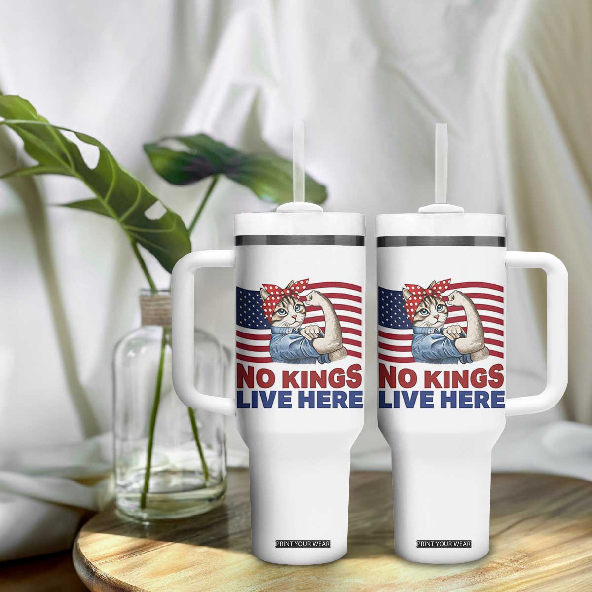 No Kings Live Here Tumbler With Handle Funny Rosie The Riveter Cat Feminist Gift TS12 Print Your Wear