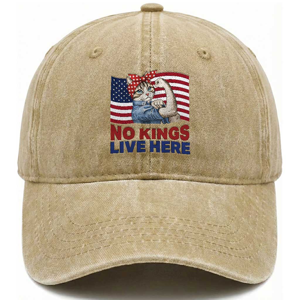 No Kings Live Here Washed Cotton Baseball Cap Funny Rosie The Riveter Cat Feminist Gift TS12 Print Your Wear