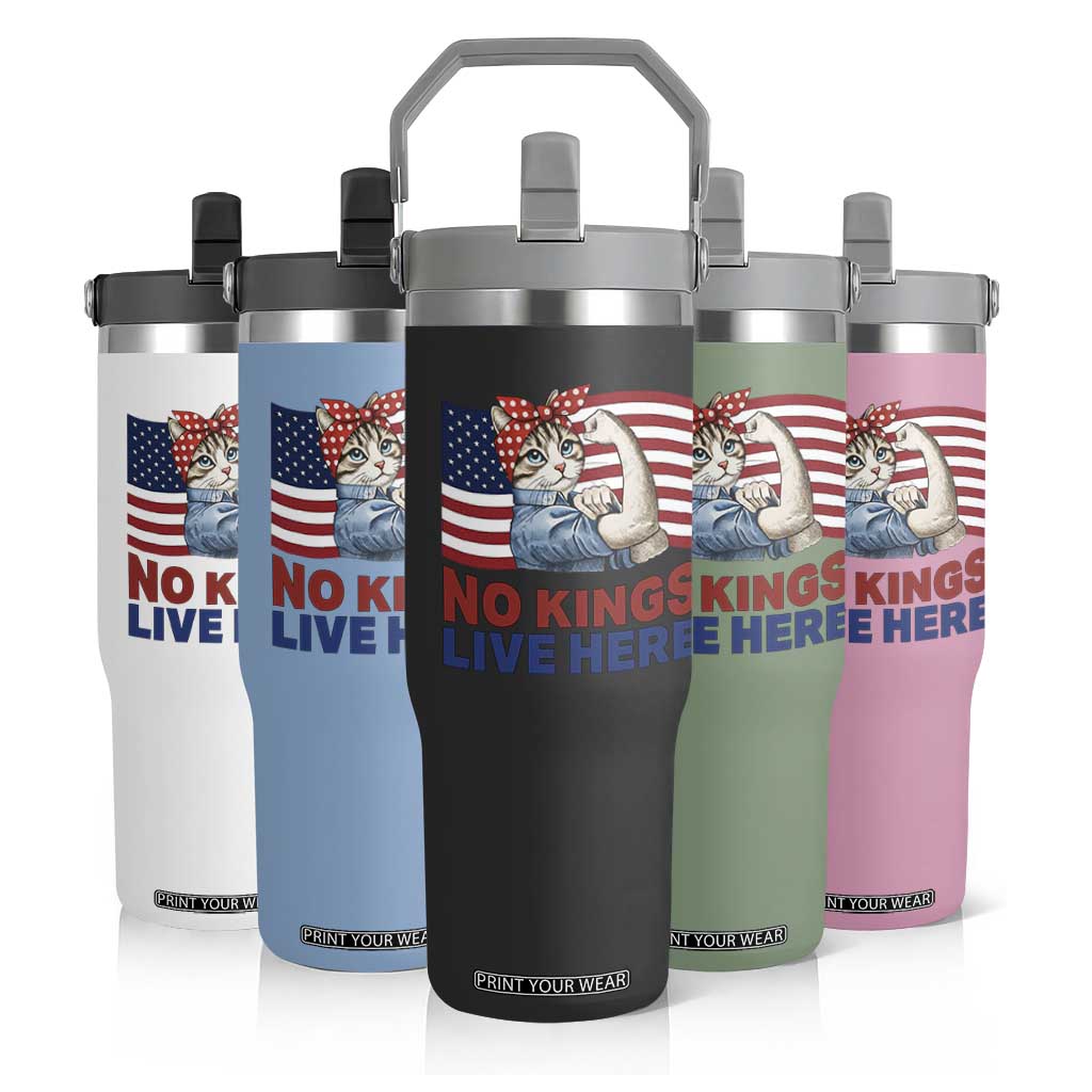No Kings Live Here Flip Straw Tumbler Funny Rosie The Riveter Cat Feminist Gift TS12 Print Your Wear