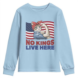 No Kings Live Here Youth Sweatshirt Funny Rosie The Riveter Cat Feminist Gift TS12 Light Blue Print Your Wear