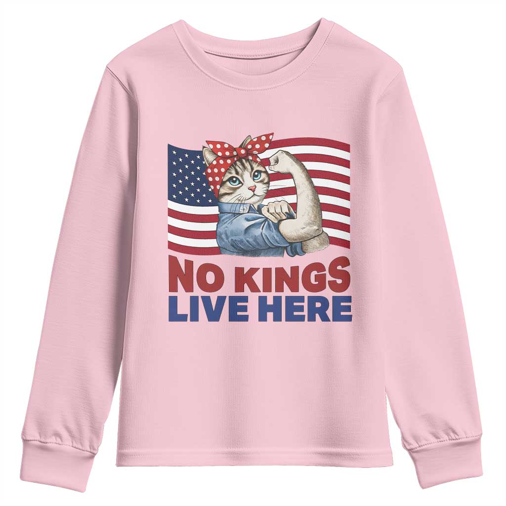 No Kings Live Here Youth Sweatshirt Funny Rosie The Riveter Cat Feminist Gift TS12 Light Pink Print Your Wear