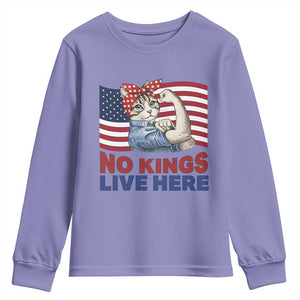 No Kings Live Here Youth Sweatshirt Funny Rosie The Riveter Cat Feminist Gift TS12 Violet Print Your Wear
