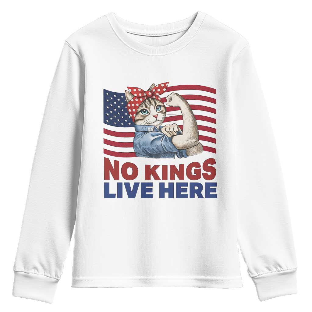 No Kings Live Here Youth Sweatshirt Funny Rosie The Riveter Cat Feminist Gift TS12 White Print Your Wear