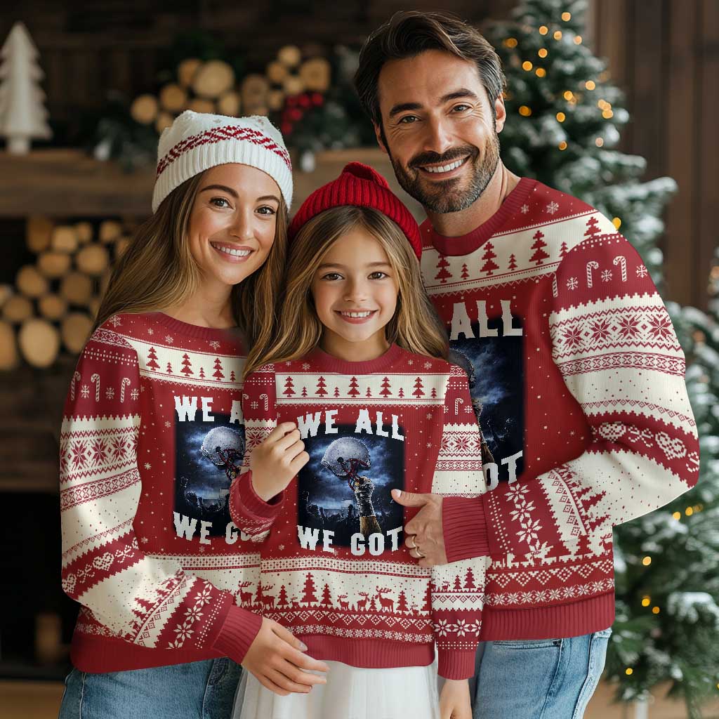 We All We Got Football Helmet Victory Graphic Ugly Christmas Sweater TS12 Red Beige Print Your Wear