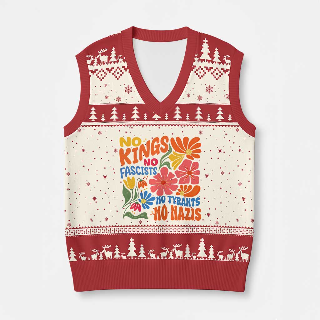 No Kings Wildflower Protest V-Neck Knit Sweater Vest No Fascists No Tyrants No Nazis TS12 Beige Red Print Your Wear