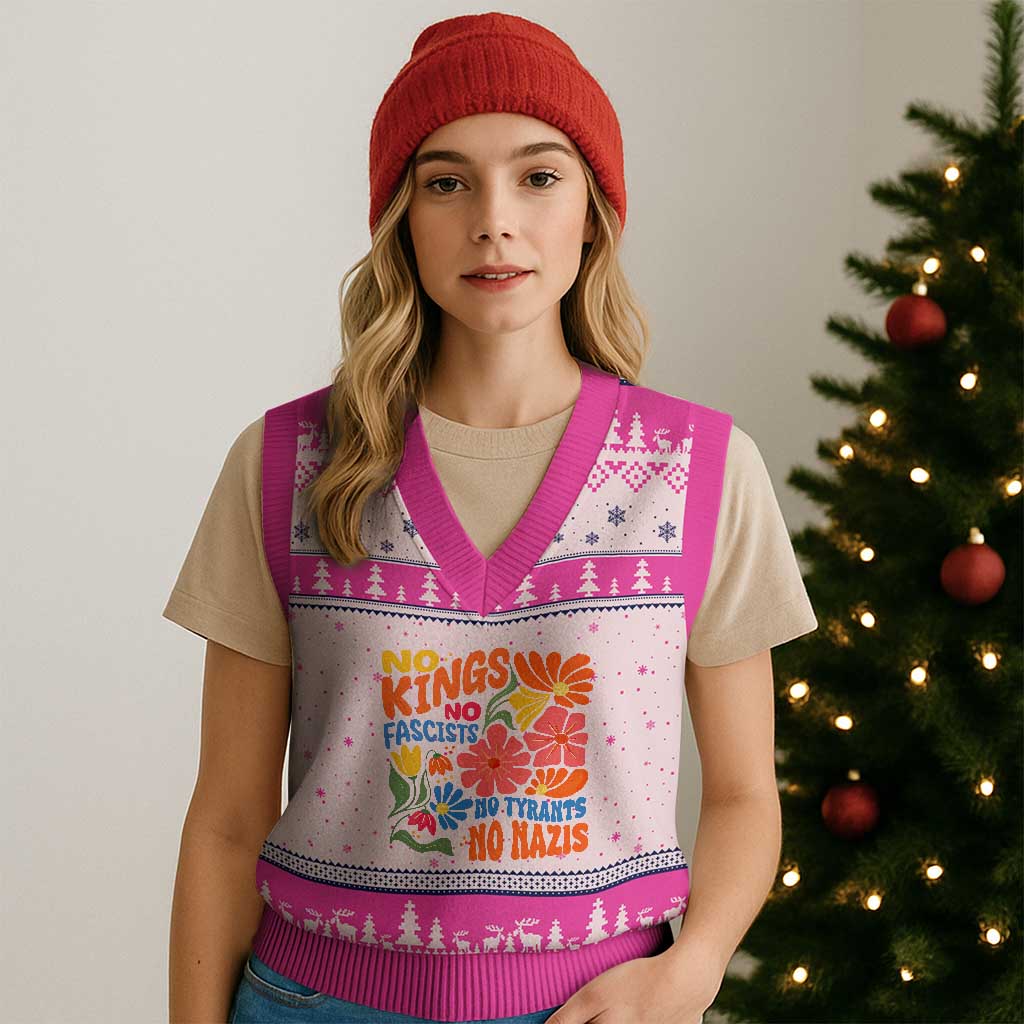 No Kings Wildflower Protest V-Neck Knit Sweater Vest No Fascists No Tyrants No Nazis TS12 Hot Pink Print Your Wear