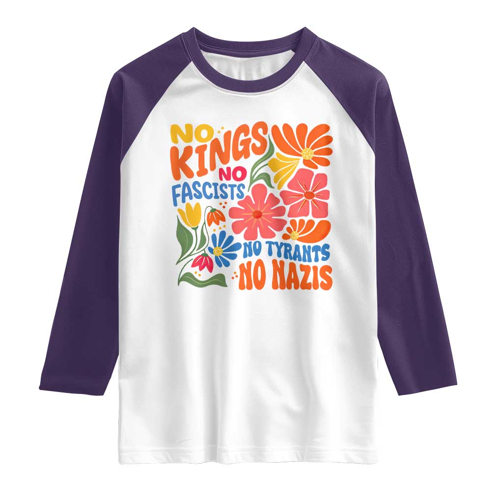No Kings Wildflower Protest Raglan Shirt No Fascists No Tyrants No Nazis TS12 White Purple Print Your Wear