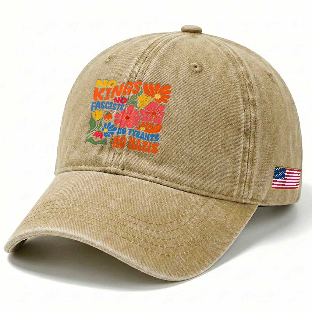 No Kings Wildflower Protest Washed Cotton Baseball Cap No Fascists No Tyrants No Nazis TS12 Print Your Wear